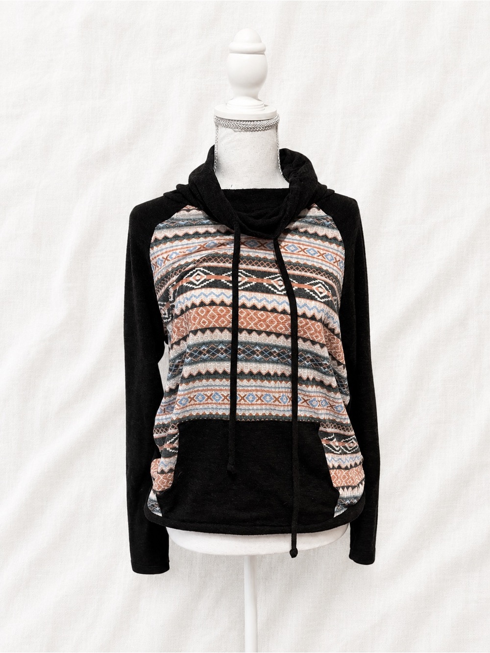 Kismet Black Hoodie with Multi-Color Aztec Panel